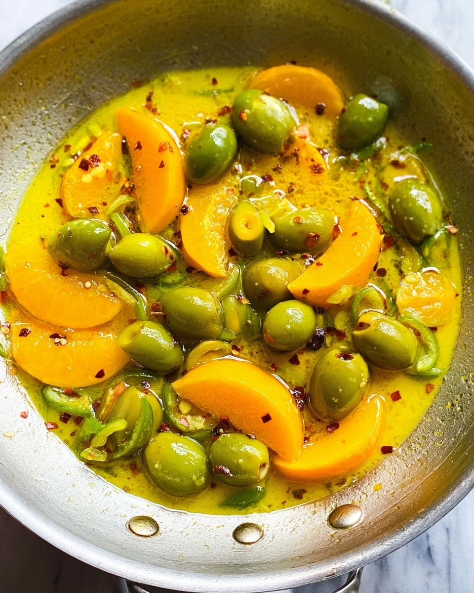 The image shows a close-up of a pan filled with a bright yellow sauce mixed with whole and halved green olives and slices of orange fruit. The olives are glossy and fresh-looking, spread evenly throughout the sauce. The orange slices are thin and soft, contrasting with the green olives. The sauce is thick and shiny, with small red chili flakes visible. The pan is silver and has two shiny rivets at the bottom edge. The overall look is vibrant and inviting with green, orange, and yellow colors on a white marbled surface. photo taken with an iphone --ar 4:5 --v 7