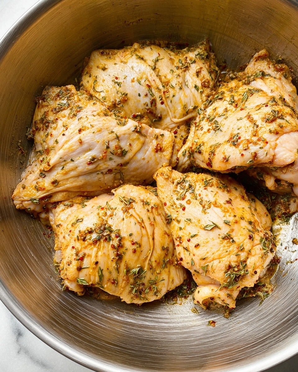 A close-up image of four pieces of raw chicken thighs placed inside a large silver metal bowl. The chicken has a pale yellow skin with a slightly wrinkled texture, coated in a mix of herbs and spices that create small green and reddish-brown specks all over. The pieces lay side by side, forming a layered look with some edges overlapping. The metal bowl shows reflections and a few small bits of herbs stuck to the sides. The photo is set against a white marbled surface. Photo taken with an iphone --ar 4:5 --v 7