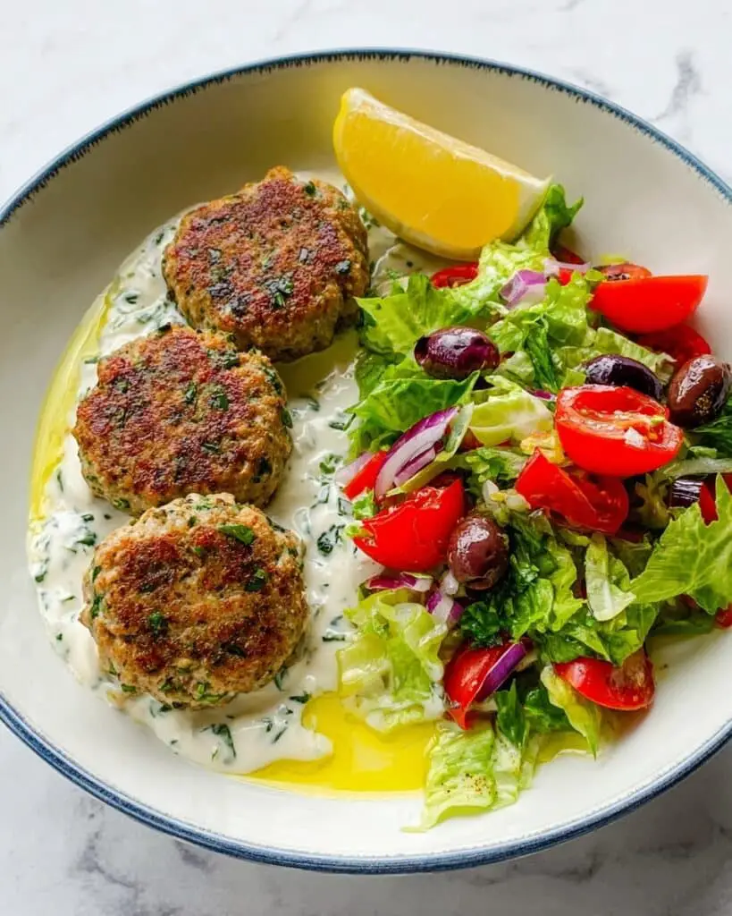 Spinach Feta Turkey Burgers with Dill-Yogurt and Mediterranean Salad Recipe