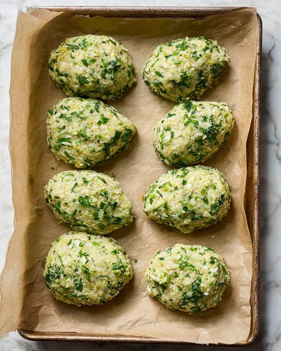 The image shows eight oval-shaped patties placed in two neat columns on a sheet of parchment paper inside a baking tray. Each patty is speckled with bright green bits of herbs or vegetables mixed into a pale, doughy base that has a slightly rough texture. The patties are evenly sized but irregularly shaped, closely packed with visible flecks of white and darker green throughout. The baking tray rests on a white marbled surface, adding clean and simple contrast to the scene. photo taken with an iphone --ar 4:5 --v 7
