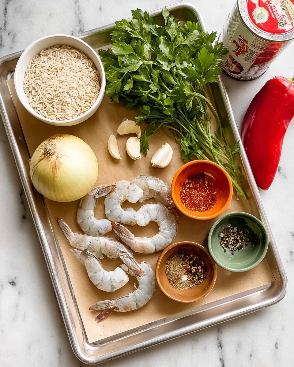 A metal tray lined with light brown parchment paper holds several food items arranged neatly. From the bottom left corner there is a whole pale yellow onion, above it are five raw shrimp with a slight pink tint and grey shells. On the top center is a bunch of fresh flat-leaf parsley with bright green leaves. Four peeled garlic cloves sit next to the parsley. To the right are three small bowls, one orange bowl with dried herb flakes, a clear bowl with red pepper flakes, and a green bowl with cracked black pepper. At the far right top corner is a large red pepper. To the left side, outside the tray, there is a white bowl filled with light beige uncooked rice grains and a can with a tomato label on it. The tray is on a white marbled surface photo taken with an iphone --ar 4:5 --v 7