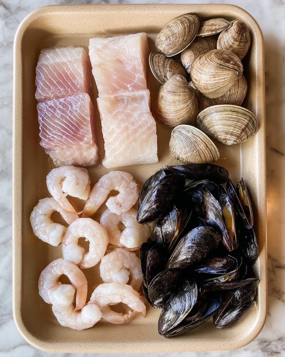 The image shows a beige tray with four types of uncooked seafood arranged in separate sections: the top left has two thick, light pink fish fillets with visible lines, the bottom left has several curled pale pink and white shrimp, the top right has round, tan clams with brownish stripes, and the bottom right has shiny, dark black mussels with smooth shells. The tray is placed on a white marbled surface. Photo taken with an iphone --ar 4:5 --v 7