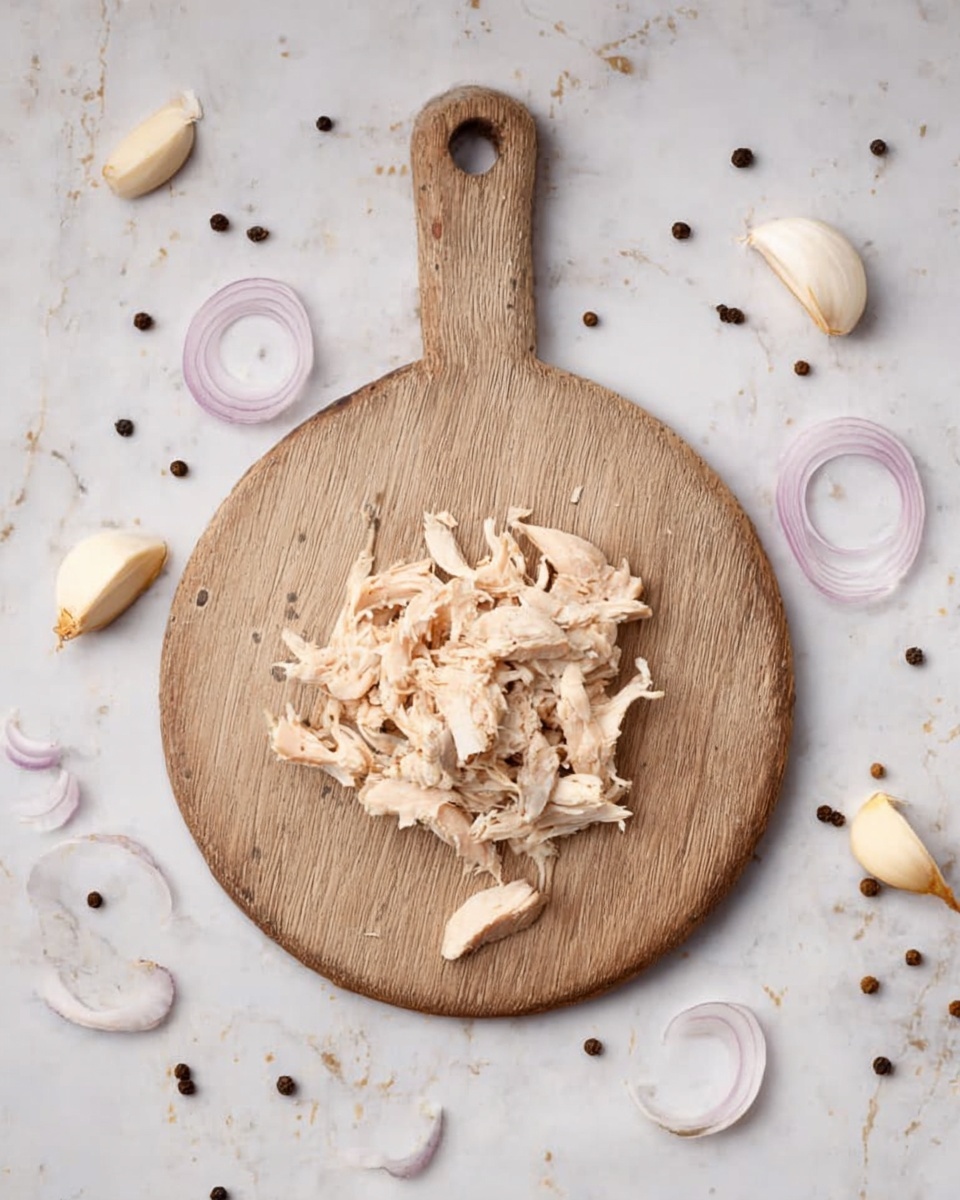 A round wooden board with a handle placed on a white marbled surface holds a small pile of shredded light beige cooked chicken at its center. Around the board on the surface, there are thin, round, light purple and white slices of onion, scattered peeled whole garlic cloves, and small black peppercorns spread randomly. The colors are natural and muted, with the light wood tones contrasting against the white marble background. Photo taken with an iphone --ar 4:5 --v 7