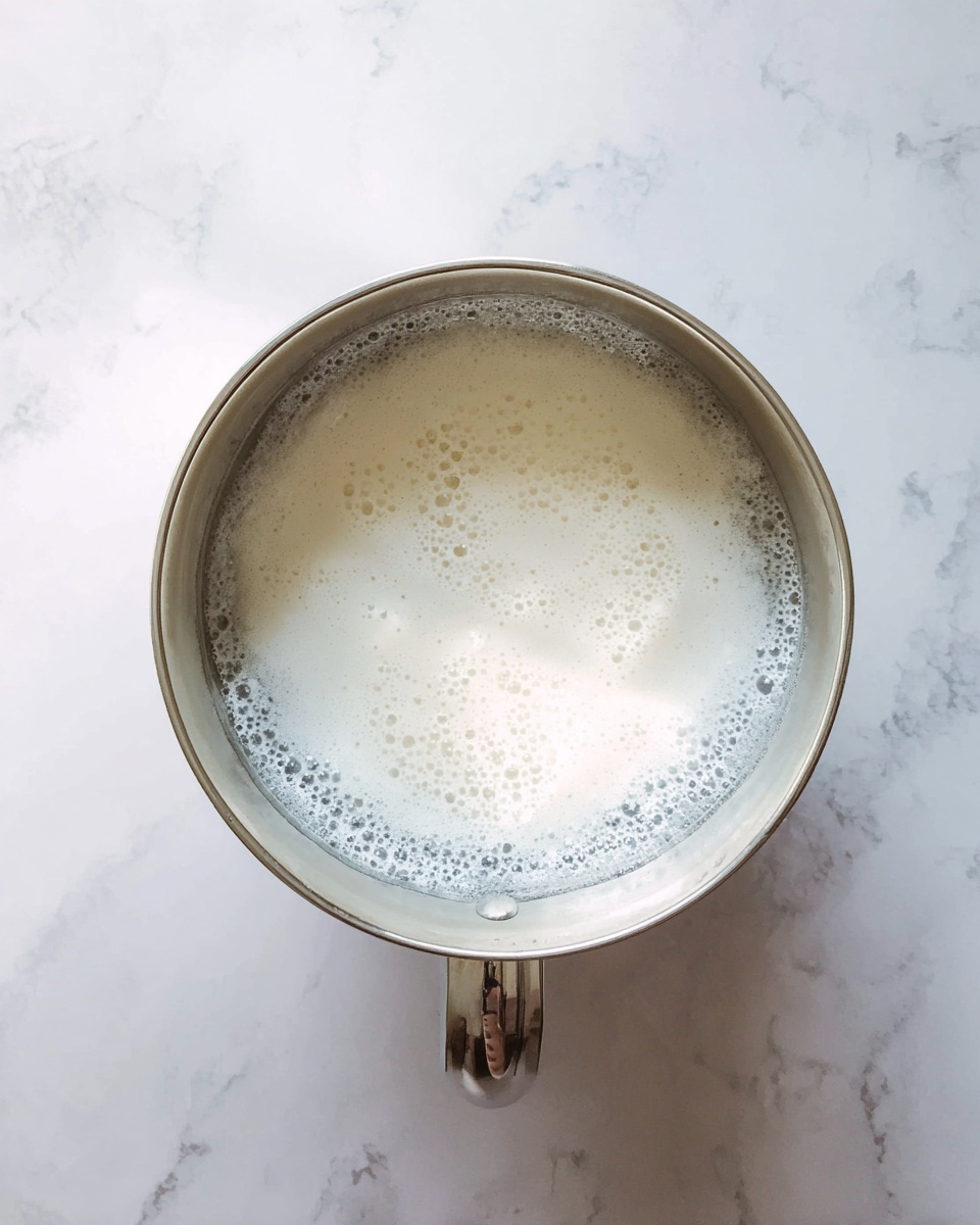 A top view of a silver mixing bowl with a handle, filled with a light, frothy white liquid that fills about half the bowl. The bowl is placed on a white marbled textured surface. The frothy layer is smooth with small bubbles visible along the edges inside the bowl. photo taken with an iphone --ar 4:5 --v 7