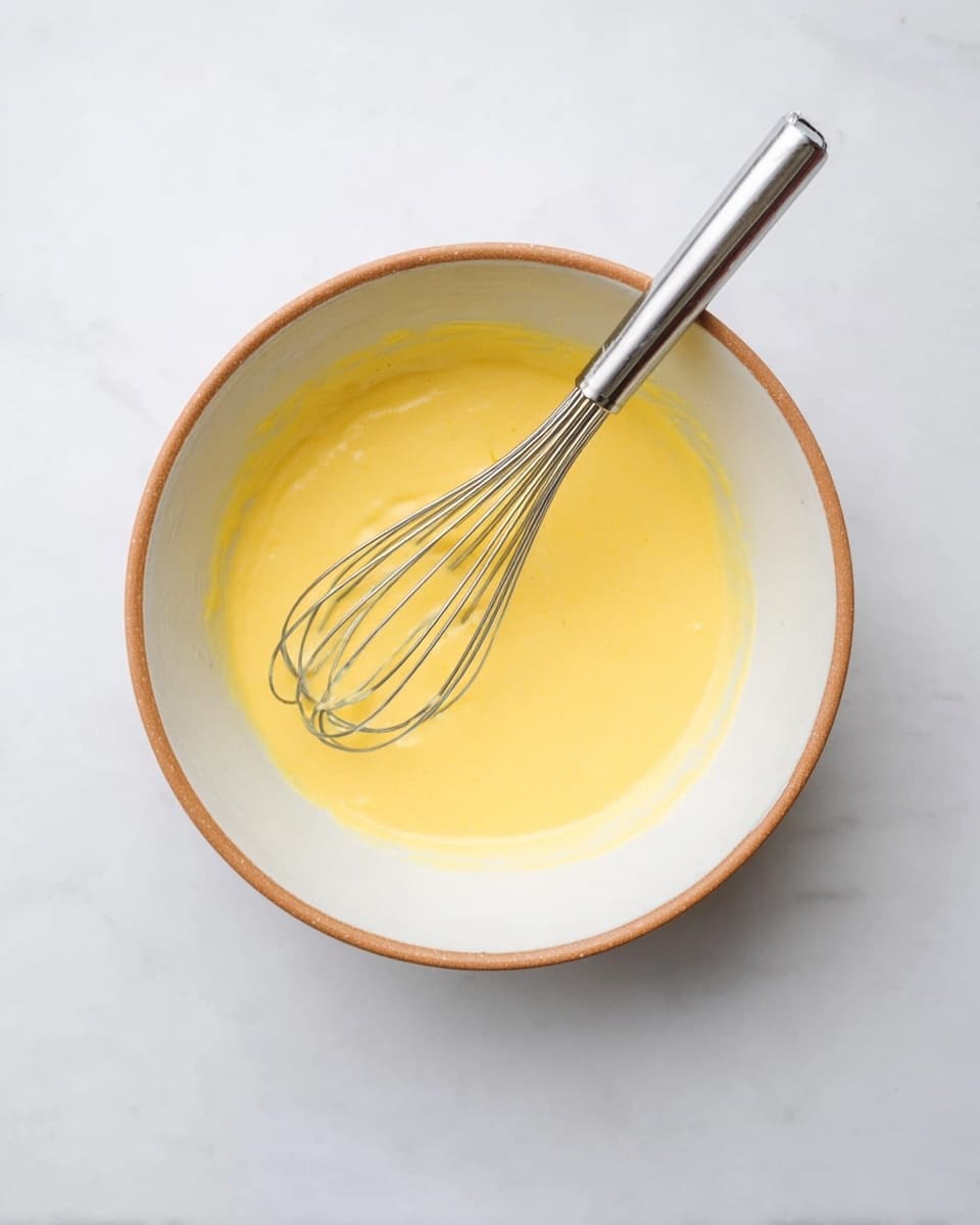A white bowl with a light brown rim holds a smooth, thick yellow batter inside, filling about one-third of the bowl’s depth. A shiny silver whisk with a short handle and thin metal loops rests inside the bowl, with the loops partly dipped into the bright yellow batter. The scene is set on a white marbled surface with soft shadows around the bowl. photo taken with an iphone --ar 4:5 --v 7