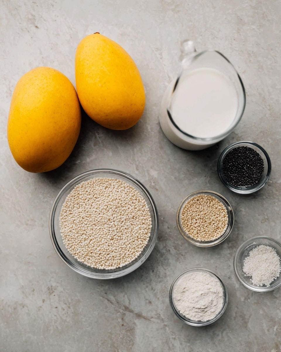 The image shows six ingredients arranged on a white marbled surface: two yellow mangoes with smooth skin placed on the left side, a clear glass bowl filled with small white grains in the center, a tall clear glass pitcher filled with white liquid positioned at the top right, and four small clear glass bowls containing black seeds, white powder, beige granules, and white fine powder scattered around the main bowls. The colors are natural and soft with a clean composition, well spaced and easy to see each item clearly. Photo taken with an iphone --ar 4:5 --v 7