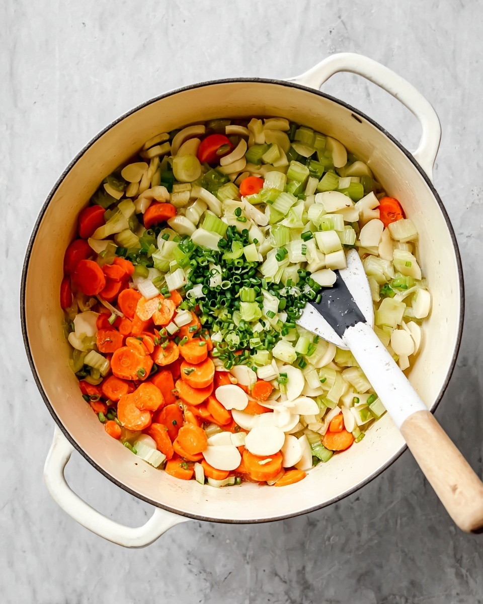 A white pot on a white marbled surface holds two large raw chicken pieces on top of a colorful mix of chopped carrots, celery, onions, and parsnips, with fresh green herbs like thyme, bay leaf, and tarragon laid over the chicken. Golden broth is being poured from a clear glass measuring cup into the pot, creating a shiny liquid layer that surrounds the ingredients. The scene shows a close top-down view with the focus on the mixture of fresh vegetables, raw meat, and herbs all sitting in the liquid, ready to cook. photo taken with an iphone --ar 4:5 --v 7