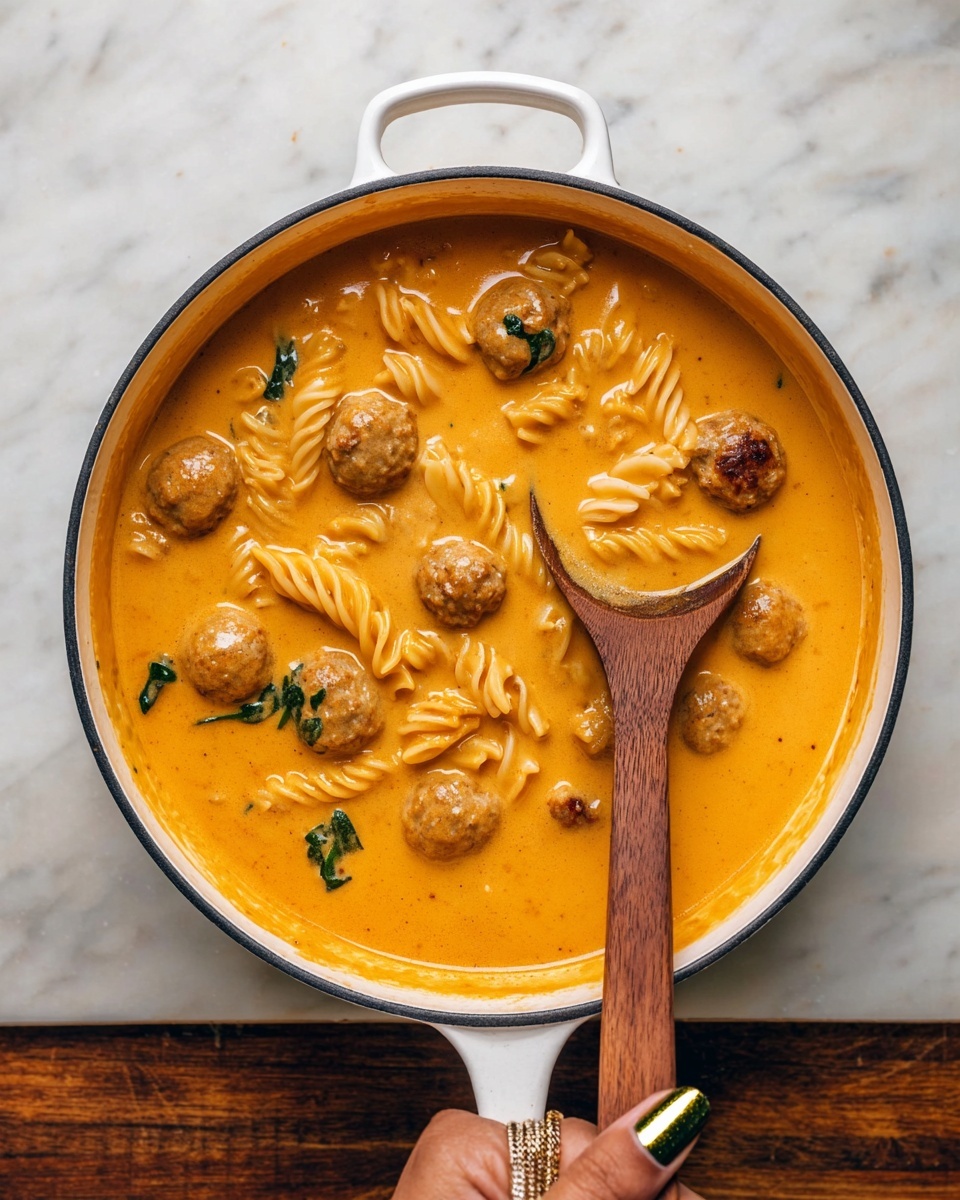 A white pot filled with thick orange creamy soup with round meatballs and twisted pasta spirals floating on the surface. There are small green herb bits and a few brown dried pieces mixed in. A wooden spoon is resting inside the pot on the right side, partially covered with the soup, and a woman's hand with dark green and gold decorated nails is holding the pot handle from the bottom. The pot sits on a white marbled surface. photo taken with an iphone --ar 4:5 --v 7