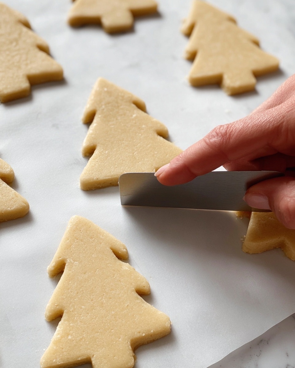A close-up of six raw Christmas tree-shaped cookie dough pieces placed on a flat white marbled surface covered with parchment paper. The cookie dough is pale beige with a smooth texture and slightly rounded edges. A woman's hand holds a wide metal spatula under one cookie, lifting it gently from the surface, with the finger gently touching the edge of the dough. Photo taken with an iphone --ar 4:5 --v 7
