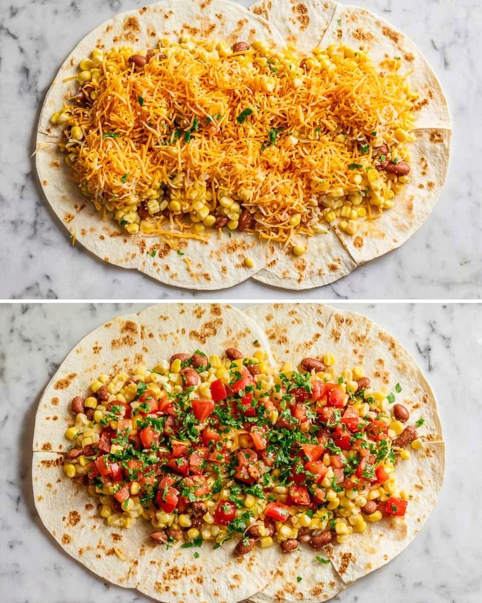 The image shows two steps of making a layered wrap on a white marbled surface. Both images feature a base layer of six large round tortillas arranged in a flower shape with their edges touching, all laid flat. On top, there is one even layer of orange shredded cheddar cheese scattered across the tortilla centers. Over the cheese, there is a layer of light yellow corn kernels and reddish-brown beans spread evenly. The last step adds freshly chopped green herbs and small diced red tomato pieces sprinkled evenly across the top. The tortillas have a slightly toasted look with brown spots. The scene is well-lit, showing clear details and colors. Photo taken with an iphone --ar 4:5 --v 7