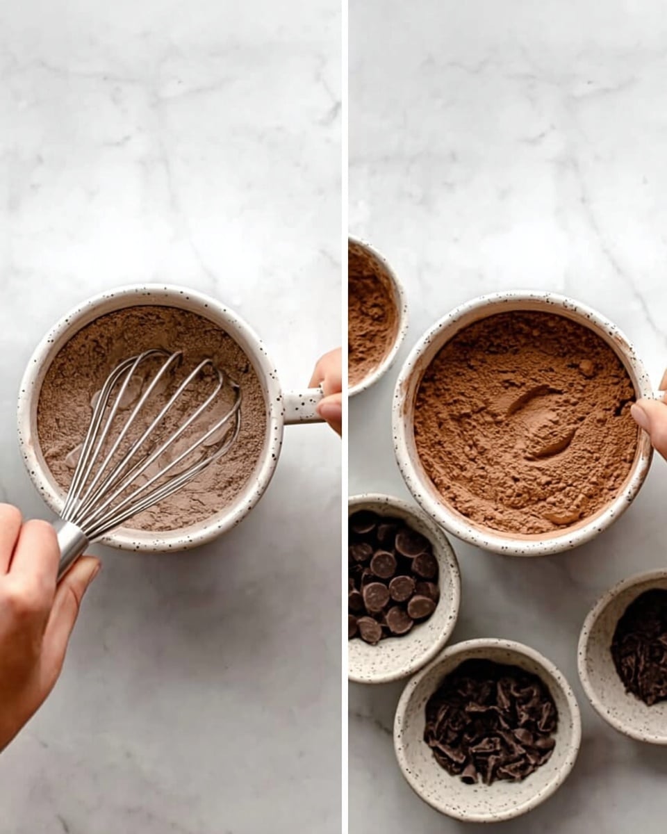 The image shows two side-by-side photos on a white marbled surface. On the left side, a white speckled cup is filled halfway with a dry brown powder and a whisk is mixing it, held by a woman's hand on one side and the whisk's handle on the other. On the right side, the same cup is now filled to the top with a smooth brown powder, and nearby, there are smaller white speckled bowls with round dark chocolate pieces and more powder visible, all placed on the white marbled surface. photo taken with an iphone --ar 4:5 --v 7