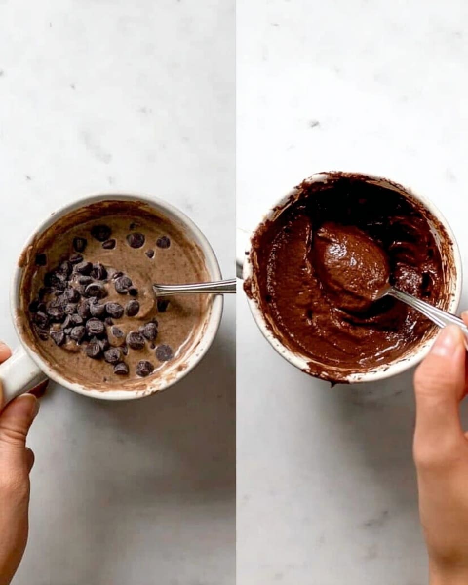 The image shows two side-by-side photos on a white marbled surface. On the left, a woman's hand holds a white mug filled with a chocolate mixture that has dark chocolate chips on top, while another woman's hand stirs the mix with a silver spoon. On the right, a woman's hand holds the same white mug filled with a thick, smooth chocolate batter. Both mugs have some chocolate residue on the rim. Photo taken with an iphone --ar 4:5 --v 7
