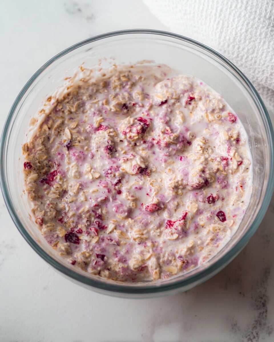 A clear glass bowl filled with a mixture that has a creamy texture with visible oats and small red berry pieces mixed in. The mixture is light purple with some pinkish spots where the berries are. The bowl is sitting on a white marbled surface with a white waffle cloth partially visible in the top right corner. Photo taken with an iphone --ar 4:5 --v 7