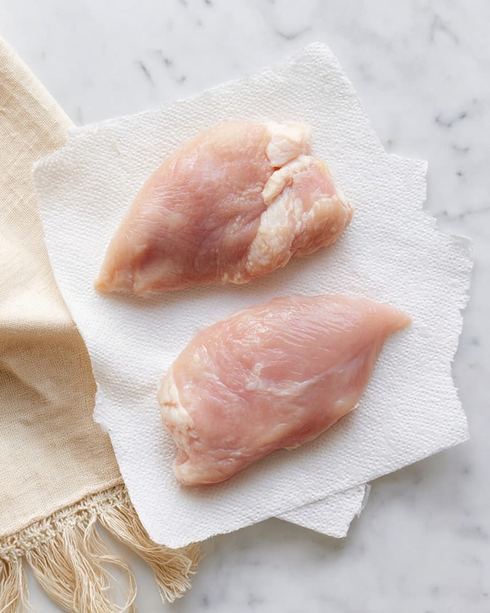 Two raw chicken pieces lie on a white paper towel, which rests on a white marbled surface. The chicken piece on the left is slightly irregular and thinner with a pale pink color and some white fatty areas. The piece on the right is larger, triangular, and smoother with a soft, even pale pink tone. The paper towel absorbs moisture and has a textured pattern, while a cream-colored cloth with tassels is partially visible at the bottom left corner. photo taken with an iphone --ar 4:5 --v 7