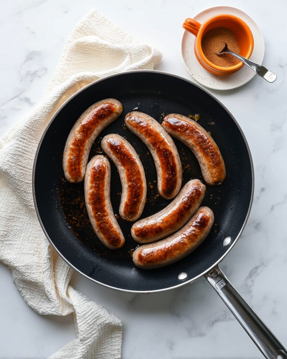 A black pan sits on a white marbled surface, holding eight sausages cooking. Each sausage has a golden brown sear on one side, with a smooth, greyish texture on the other. The sausages are arranged in a loose cluster, some lying flat, others slightly curved. A white cloth with a rough texture is placed near the pan handle. In the top right corner, an orange ceramic container with a silver spoon inside rests on a white small plate, holding brown spice powder. The scene is clean and bright with natural light. Photo taken with an iphone --ar 4:5 --v 7