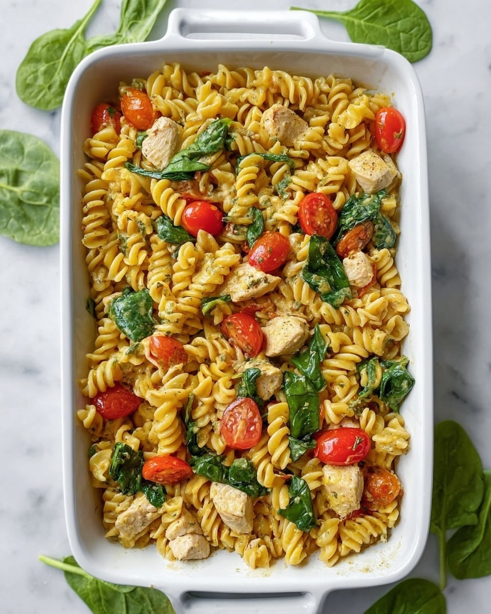 The image shows a white rectangular baking dish filled with a colorful pasta dish. The bottom layer is made of golden-yellow rotini pasta, mixed evenly with pieces of light brown cooked chicken. Scattered throughout are bright red cherry tomatoes and fresh green spinach leaves. The pasta and ingredients have a slightly glossy texture, with the spinach leaves adding a fresh, leafy contrast. The dish is placed on a white marbled surface, with two fresh spinach leaves resting nearby. The look is fresh and inviting, with balanced colors and textures. photo taken with an iphone --ar 4:5 --v 7