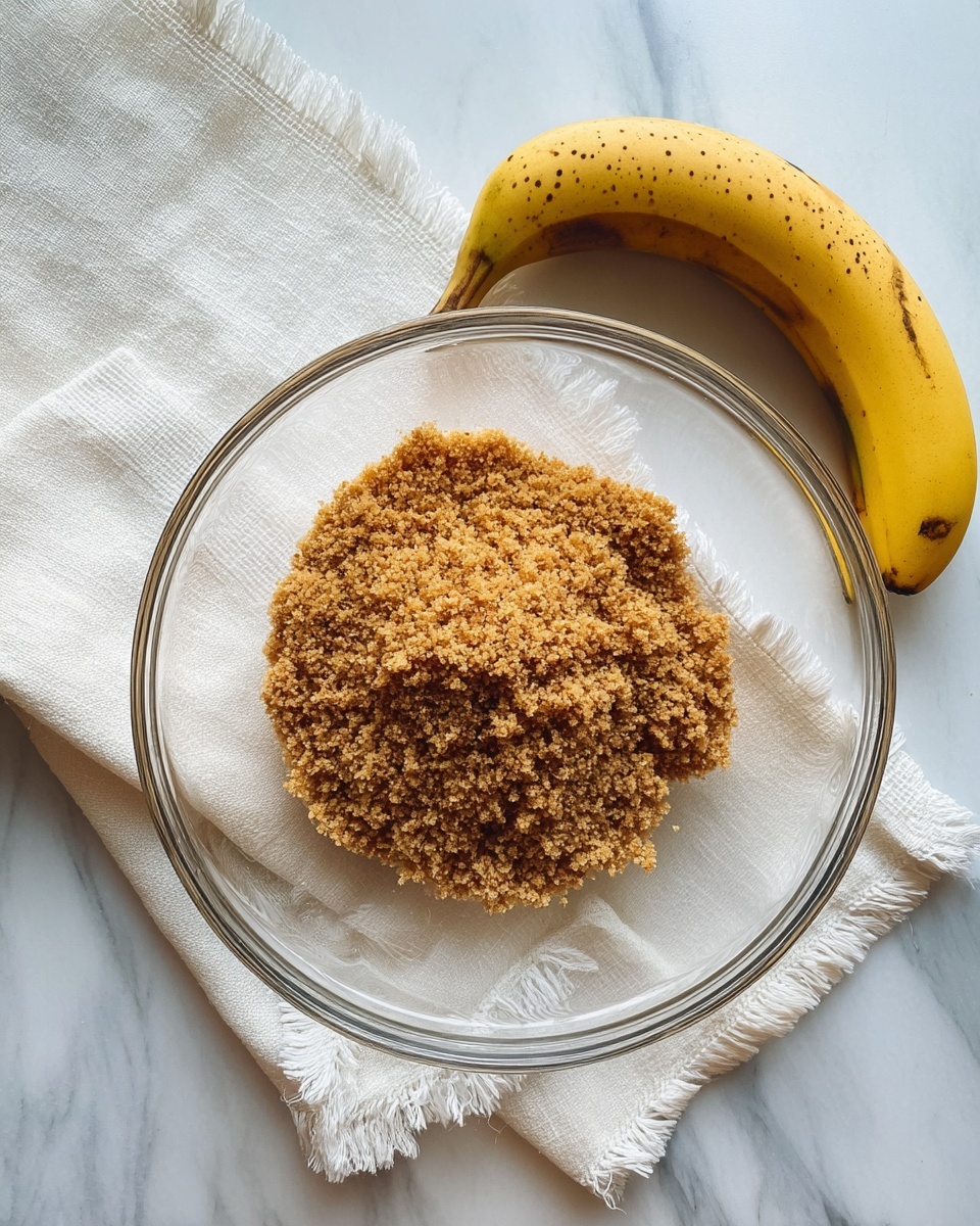 A clear glass bowl holds a loose layer of light brown crumbly mixture with small granules. The bowl sits on a white marbled surface, next to a ripe yellow banana with brown spots. A white cloth with fringed edges lies beneath the bowl, adding soft texture to the scene. photo taken with an iphone --ar 4:5 --v 7