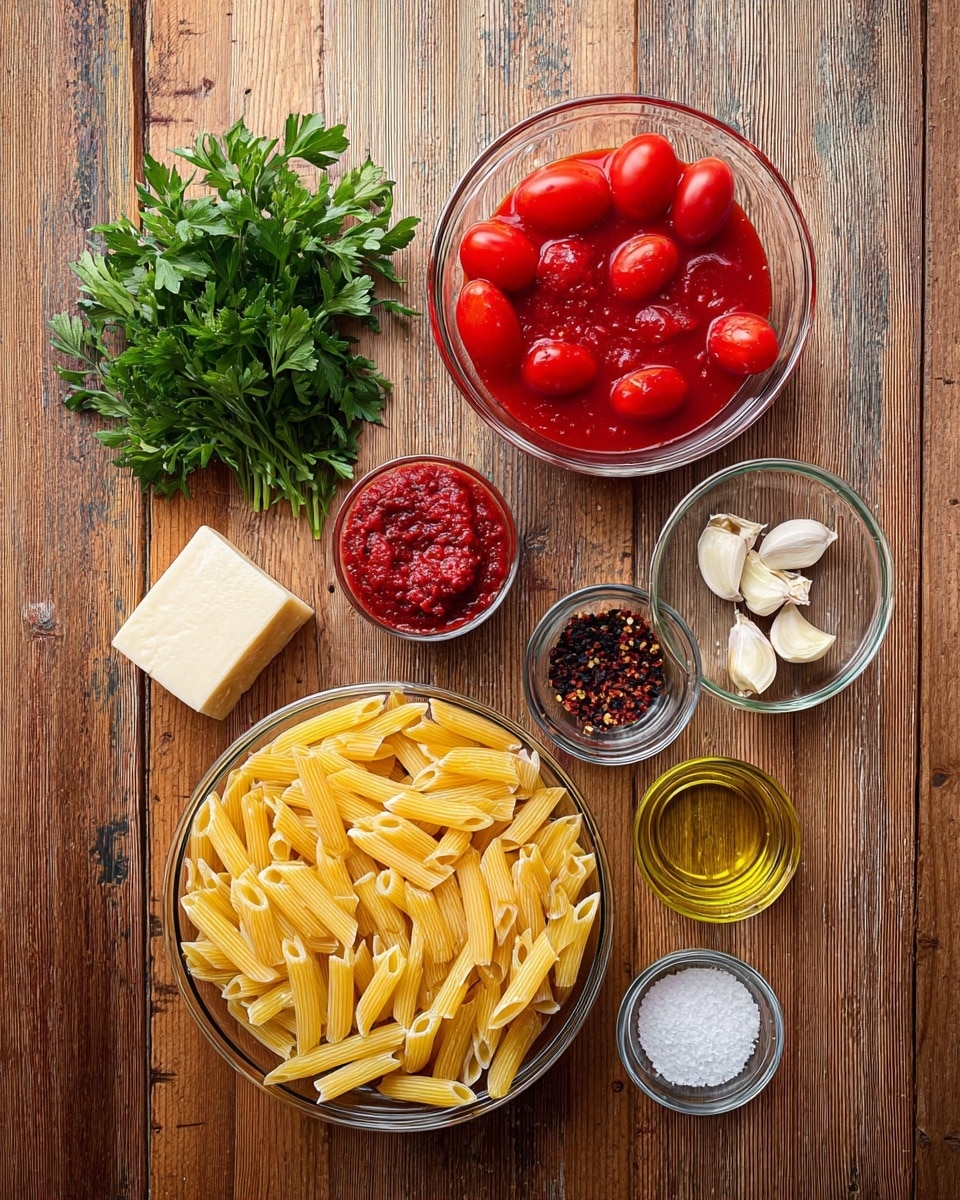 A black cast iron pan filled with penne pasta covered in a bright red tomato sauce, sprinkled with grated white cheese and fresh green parsley leaves. Small bits of dark red chili flakes are scattered on top, adding texture and color contrast. The pan is on a wooden table with fresh red tomatoes and green parsley nearby, a small bowl with a dark red chunky sauce and wooden spoon, and a metal cheese grater holding a wedge of pale yellow cheese. A white cloth with red stripes is placed near the pan, along with garlic cloves and a small cup of dark liquid. The background is a white marbled texture photo taken with an iphone --ar 4:5 --v 7