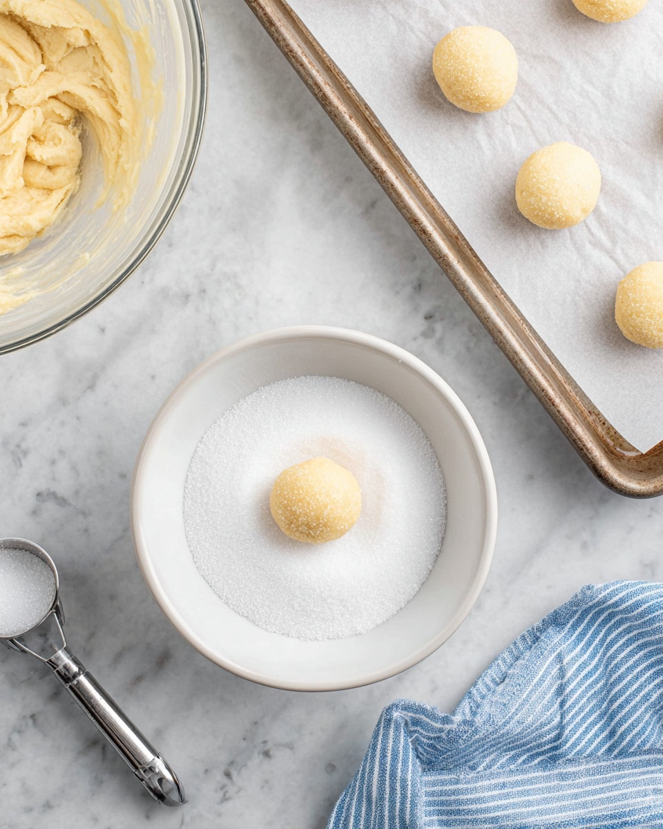 The image shows a close-up of cookie dough balls being prepared. In the center, there is a white shallow bowl filled with granulated sugar, with one yellowish dough ball resting in the middle. Above to the right, a baking tray with white parchment paper holds five more dough balls evenly spaced. On the left side, part of a glass bowl containing creamy light yellow dough is visible. At the bottom left, a metal cookie scoop holds more dough. The whole scene is set on a white marbled surface, with a blue and white striped cloth partially visible on the bottom right. photo taken with an iphone --ar 4:5 --v 7
