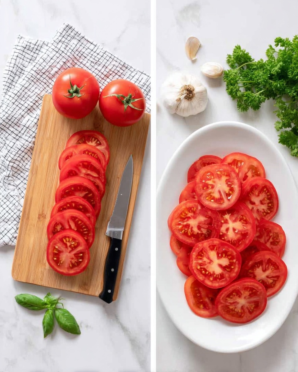 The image shows two parts: on the left, a wooden cutting board on a white marbled surface has three whole red tomatoes at the top, with one row of seven bright red tomato slices neatly lined up below them; a black-handled knife lies to the right of the slices, next to a white and black checkered cloth; fresh green basil and parsley leaves and two garlic bulbs are also on the surface around the board. On the right, a white oval plate on a white marbled surface holds about eighteen evenly spread, round red tomato slices, each showing juicy inner textures and seeds, stacked in a loose, overlapping layer. Photo taken with an iphone --ar 4:5 --v 7