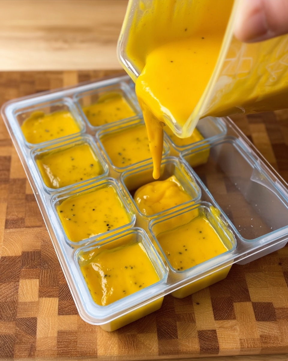 A clear tray with 12 square sections is being filled with a thick, bright yellow sauce that has small black specks in it. The sauce looks smooth and shiny as it is poured into the sections, some of which are already full while others are still empty. The tray sits on a wooden cutting board with a checkered pattern. A woman's hand is holding the container and pouring the sauce. The close-up shows the sauce flowing into one section and slightly dripping over the edge. photo taken with an iphone --ar 4:5 --v 7