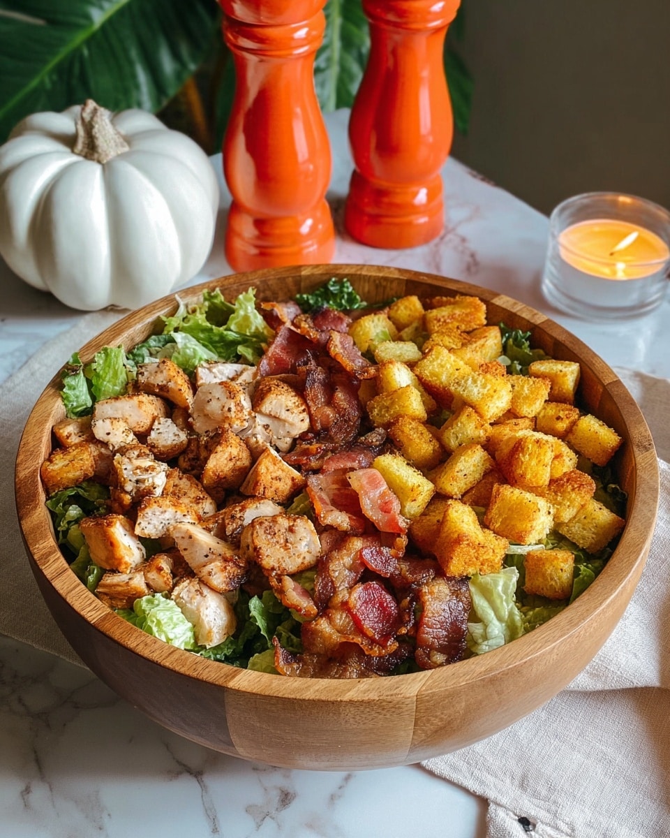 A large wooden bowl holds a fresh salad with four main layers visible. The bottom layer is green leafy lettuce, providing a lush base. On top of the lettuce near the front is a layer of small, cooked, crispy bacon pieces in shades of reddish-brown. Next to the bacon, there are golden-brown grilled chicken chunks with a slightly charred texture. The final layer covers another area of the bowl with square croutons that are pale yellow with a dry, crunchy texture. The bowl sits on a white marbled surface, with two tall, orange gradient salt and pepper shakers and a small lit candle in the background. Photo taken with an iphone --ar 4:5 --v 7