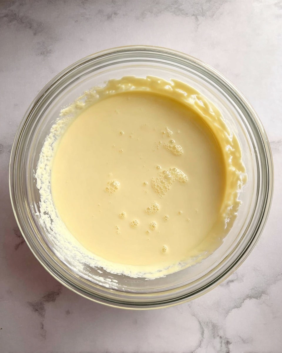 A clear glass bowl is filled with a smooth, pale yellow creamy mixture with a few small bubbles on the surface. The mixture has a soft and thick texture and is evenly spread inside the bowl, with some bits sticking lightly around the edges. The bowl sits on a white marbled surface. photo taken with an iphone --ar 4:5 --v 7