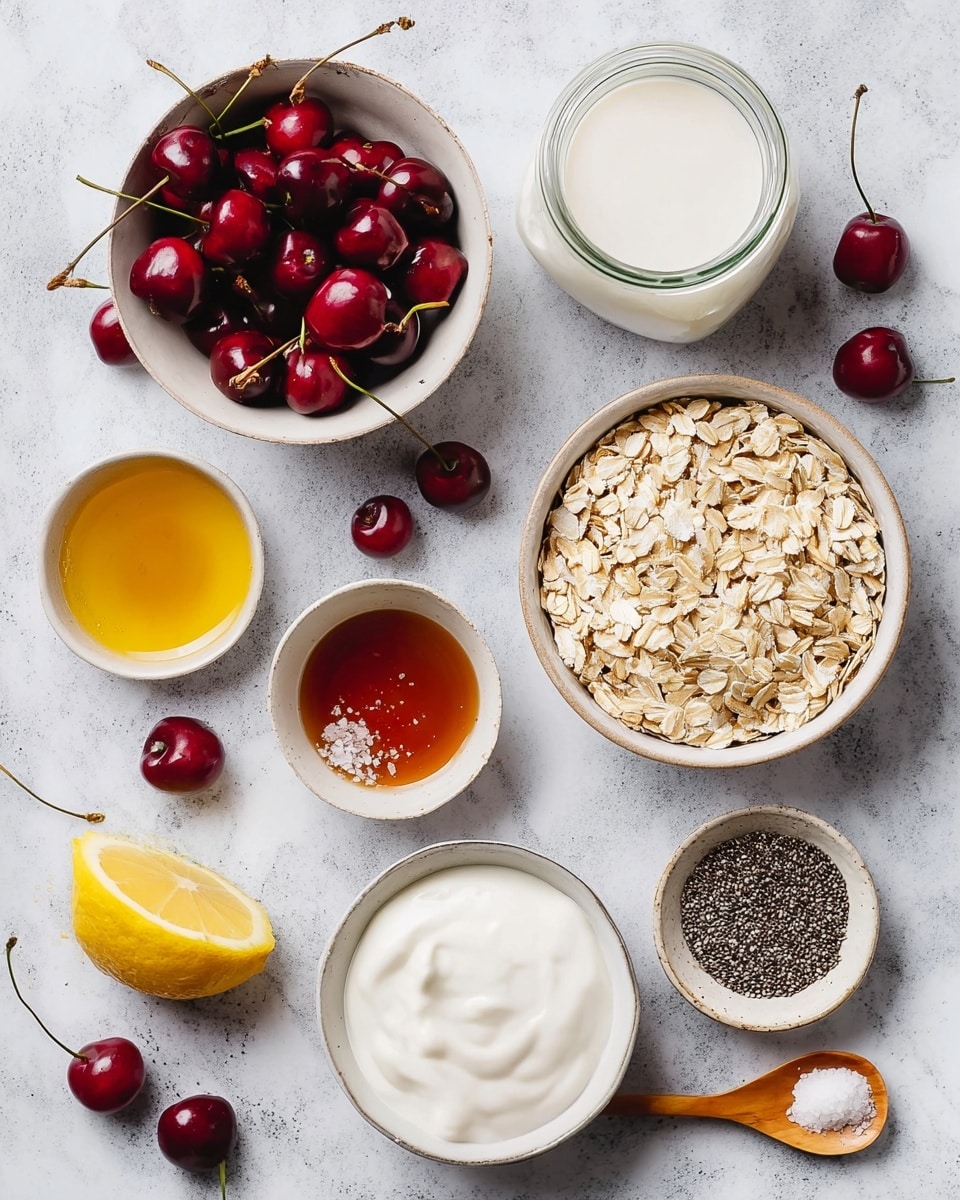 The image shows a flat lay of several small white bowls and a jar arranged on a white marbled surface, each holding different ingredients. At the top left, a white bowl is filled with deep red cherries, some whole cherries are scattered around. Next to it, a glass jar contains white milk. Below the jar, a small white bowl holds golden honey, and to the right, a half lemon with yellow rind is placed on the surface. In the middle left, a larger white bowl is full of pale beige rolled oats. Below it, a small round white bowl contains dark amber maple syrup, with a small wooden spoon filled with salt nearby. Next to the syrup, a white small bowl holds creamy white yogurt. To the right at the bottom, a white bowl contains tiny black and white chia seeds. The whole setup is bright and clean with contrasting reds, yellows, and natural earthy tones photo taken with an iphone --ar 4:5 --v 7