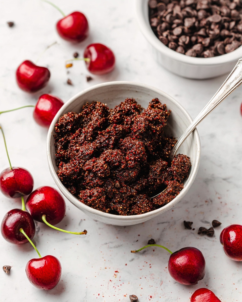 Seven white bowls are arranged on a white marbled surface, each filled with different ingredients: the top left bowl has a clear liquid, the top center bowl holds small black chia seeds with a rough texture, the top right bowl contains light brown rolled oats with a dry, flaky texture, the middle left bowl has reddish-brown dates with a shiny surface, the middle center bowl is filled with whole brown almonds, the middle right bowl holds small dark chocolate chips that are smooth and glossy, and the bottom bowl contains deep red dried cranberries with a wrinkled texture. Some scattered coffee beans and dried cranberries lie on the white marbled background around the bowls. photo taken with an iphone --ar 4:5 --v 7