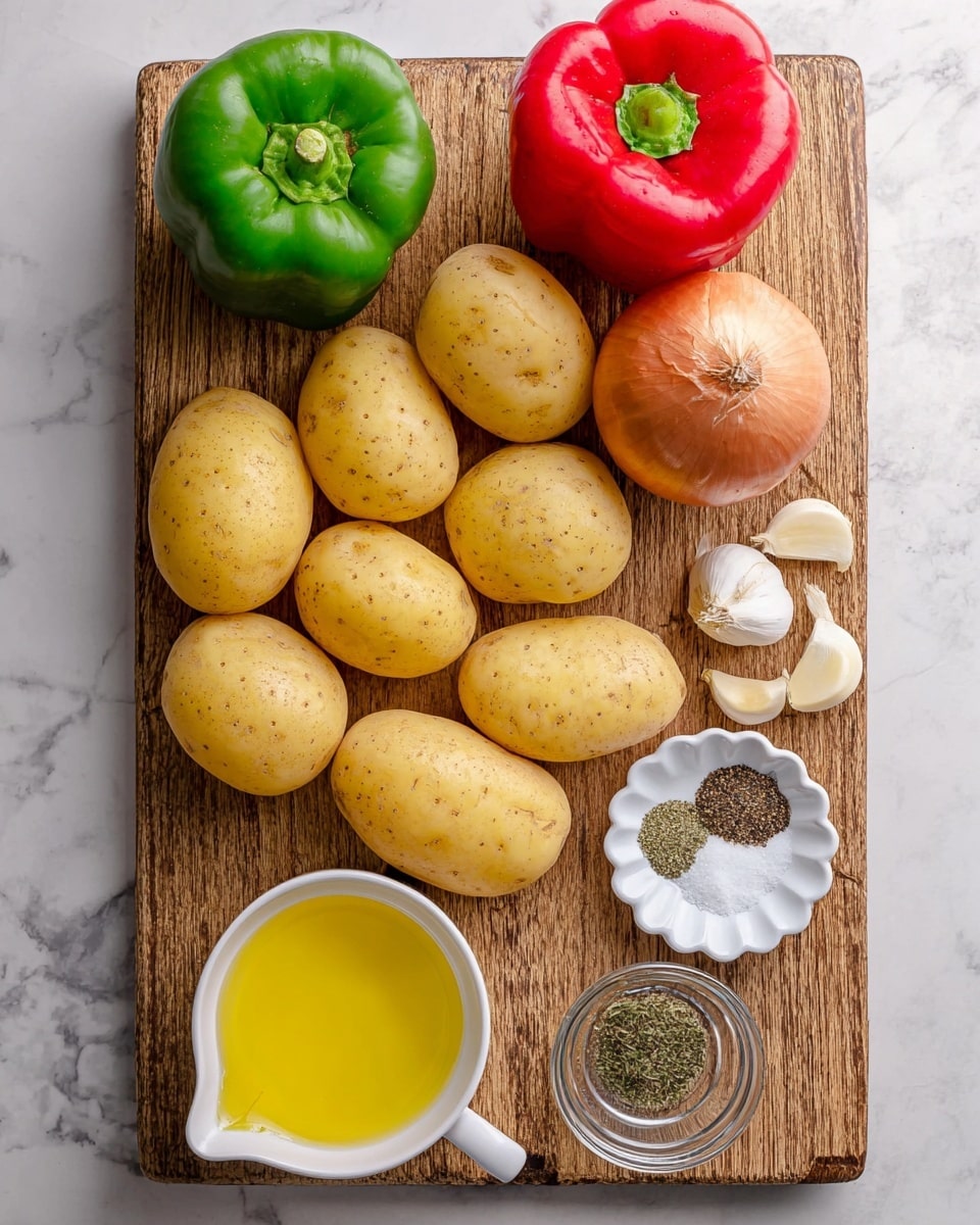 Roasted Potatoes with Onions and Peppers Recipe 3 The image shows a wooden board with various fresh ingredients neatly arranged. There are eight smooth, light yellow potatoes spread over the board. On the upper left side, a whole green bell pepper and a whole red bell pepper sit side by side. Next to them, a round brown onion is placed near two peeled garlic cloves. To the right, a small white scalloped dish holds three piles of spices: black pepper, dried herbs, and coarse salt. Below this, there is a white measuring cup filled with melted yellow butter, and next to it, a small clear glass bowl with olive oil. The background is a white marbled surface. photo taken with an iphone --ar 4:5 --v 7