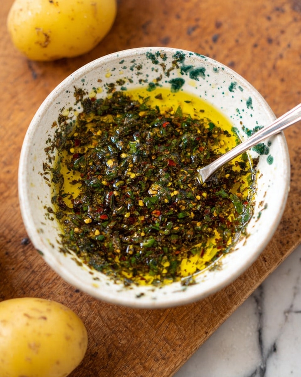 A small white bowl with green and brown specks around the edges, filled with a mix of golden yellow olive oil and finely chopped dark green herbs and spices, with tiny bits of red chili flakes scattered throughout; a silver spoon rests inside the bowl on the right side. The bowl sits on a light brown wooden surface, with two yellow potatoes nearby, and the background features a white marbled texture. Photo taken with an iphone --ar 4:5 --v 7