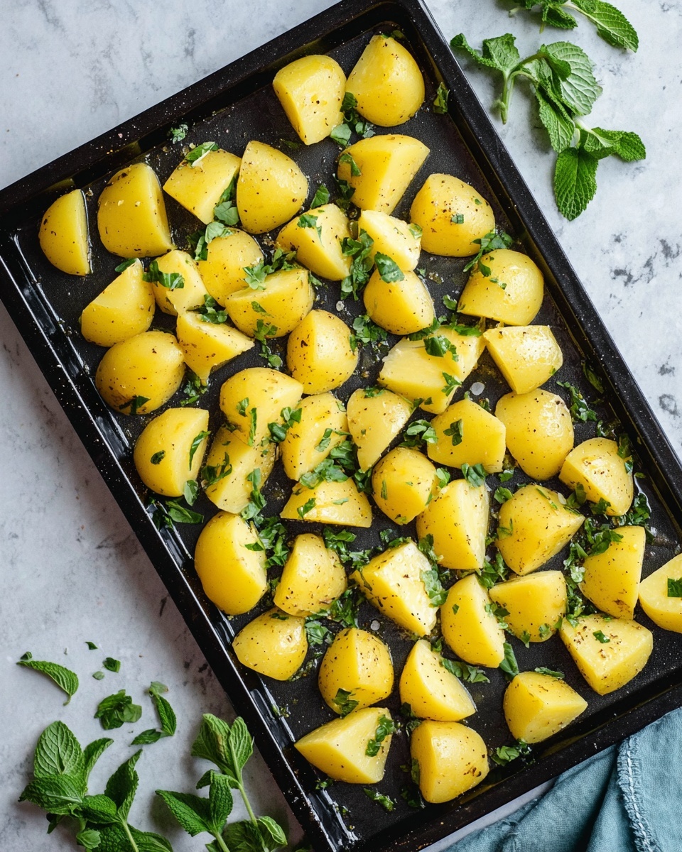 A white oval plate holds one layer of golden roasted potato pieces, each piece with a crispy brown edge and sprinkled with small black herb bits. Bright green sage leaves are scattered on top and around the potatoes. A silver spoon filled with some potato pieces rests on the left side of the plate. The plate is on a white marbled surface with a blue and white striped cloth to the left and extra sage leaves placed around the plate. The lighting is soft and natural, highlighting the warm colors of the potatoes and fresh green of the sage. Photo taken with an iphone --ar 4:5 --v 7