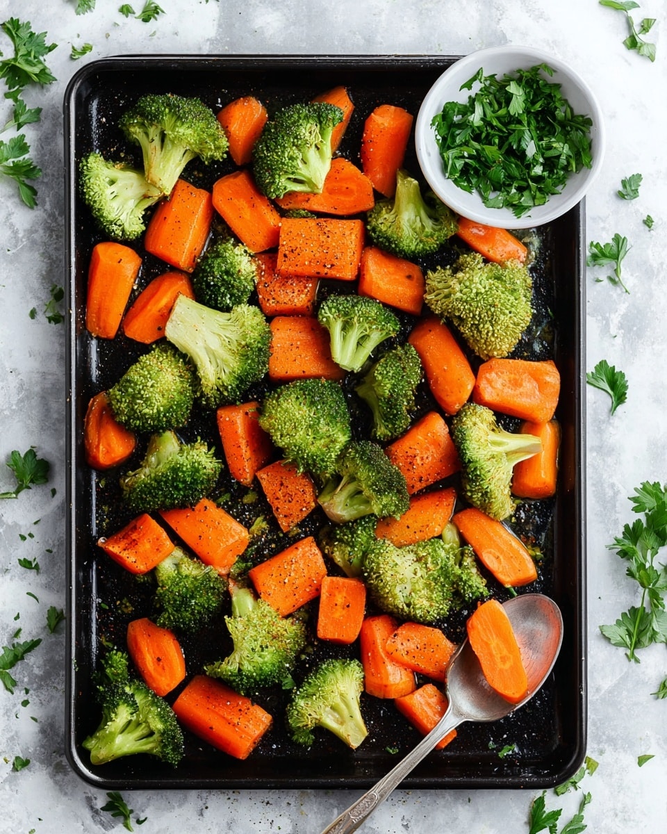 A black baking tray is filled with bright orange carrot pieces and green broccoli florets scattered evenly. The carrots are cut into thick, chunky slices, some oval and some rectangular, with a smooth texture. The broccoli florets are medium-sized with a rough, bumpy surface. Both vegetables have a sprinkling of black pepper or seasoning on them. A silver spoon rests on the bottom right corner of the tray, holding two carrot slices. In the upper right corner, a small white bowl contains fresh green parsley leaves. The tray is placed on a white marbled surface with a few scattered parsley leaves around. Photo taken with an iphone --ar 4:5 --v 7