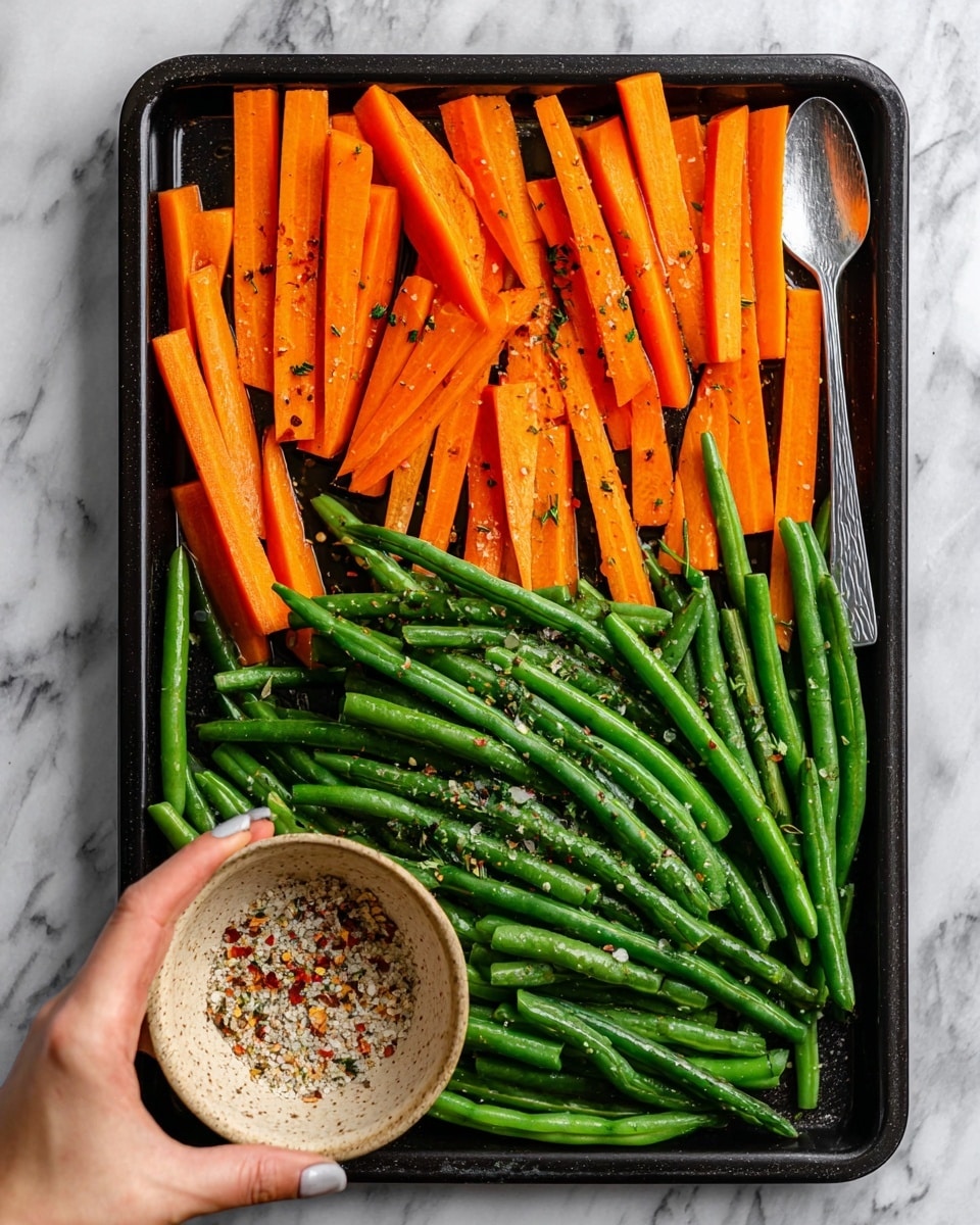 A white oval plate filled with two layers of roasted vegetables: bright orange carrot sticks and deep green string beans, mixed together. The carrots are cut into chunky sticks with a slightly shiny and soft texture, while the string beans are whole, slender, and wrinkled from roasting. Small flakes of coarse salt and crushed pepper are sprinkled on top, along with few small pieces of fresh green parsley scattered evenly over the vegetables. A silver spoon rests on the right side inside the plate. The plate is placed on a white marbled textured surface with a dark green cloth napkin nearby and two small white bowls containing spices—one with crushed red pepper flakes and the other with ground black pepper—visible in the background. photo taken with an iphone --ar 4:5 --v 7