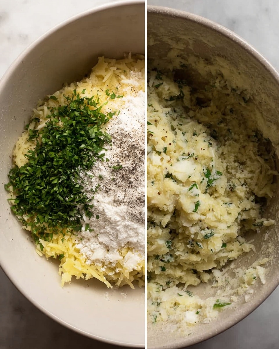 The image shows two side-by-side views of a mixing bowl placed on a white marbled surface. On the left side, the bowl contains grated pale yellow potatoes forming the base layer, topped with bright green chopped herbs on the top left, a heap of white powder (likely flour) to the right, and scattered dark gray pepper sprinkled across the potatoes. The right side shows the same bowl with all ingredients mixed together, creating a textured, pale yellow mixture with green herb bits evenly spread throughout. photo taken with an iphone --ar 4:5 --v 7