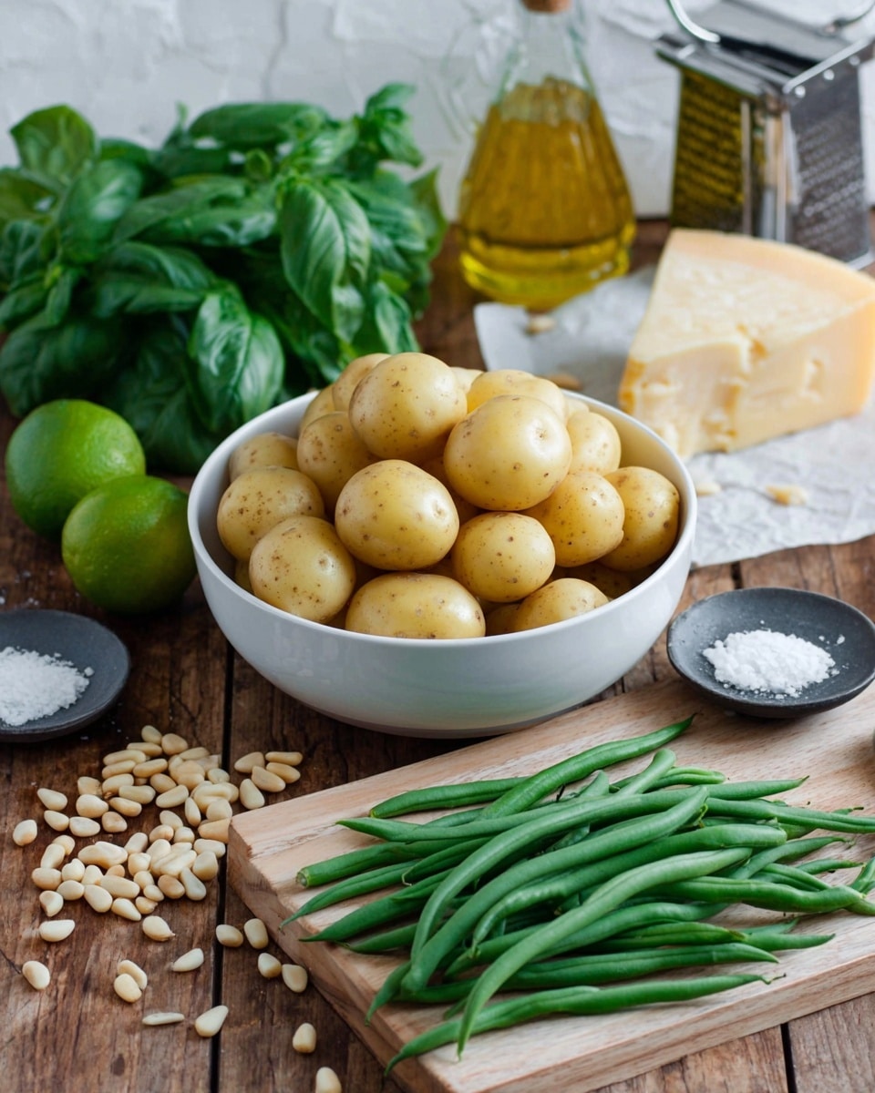 A white bowl filled with many small round yellow potatoes sits in the center, surrounded by fresh green beans laid out on a light wooden board at the bottom right. To the left of the bowl are scattered light brown pine nuts. Behind the bowl, there is a fresh bunch of green basil leaves. At the back and slightly to the right, a glass container with golden olive oil stands next to a wedge of pale yellow cheese on parchment paper and a metal cheese slicer. A light green lime and a small dark dish filled with white salt are also placed on the wooden table surface, which is set against a white marbled background. photo taken with an iphone --ar 4:5 --v 7