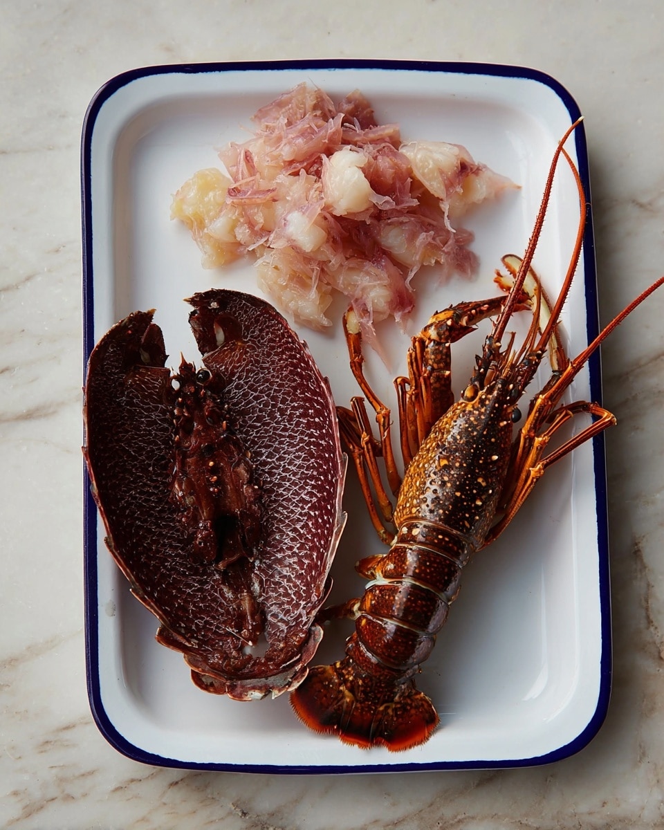 A white rectangular plate with thin blue edges holds a split lobster with two parts: on the left side is the empty, dark reddish-brown shell showing a textured inside, and on the right side is the main body of the lobster with its spiny dark reddish-brown shell and orange legs extended outward. Above the shells, there is a pile of pale pink translucent lobster meat with a slightly shiny texture, placed loosely in the top left corner of the plate. The plate sits on a white marbled surface. Photo taken with an iphone --ar 4:5 --v 7