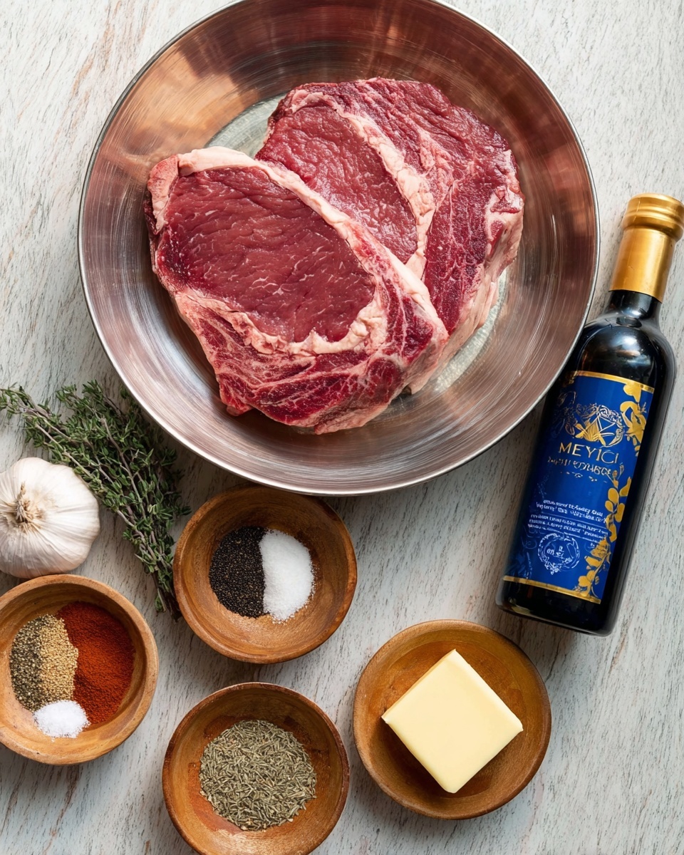 A square white plate set on a white marbled surface holds several slices of steak arranged side by side and slightly overlapping, each slice showing a mix of brown seared edges and a pink inside. The steak is covered with a dark brown sauce that glistens under the light, pooling slightly on the plate. Scattered on and around the steak are golden roasted garlic cloves and small sprigs of green thyme, adding texture and color. A woman's hand holding a gold fork lifts a long slice of steak toward the right side of the image, while another gold fork rests on the left bottom edge of the plate. The composition is warm and rich with a rustic wooden cutting board and garlic in the background. Photo taken with an iphone --ar 4:5 --v 7