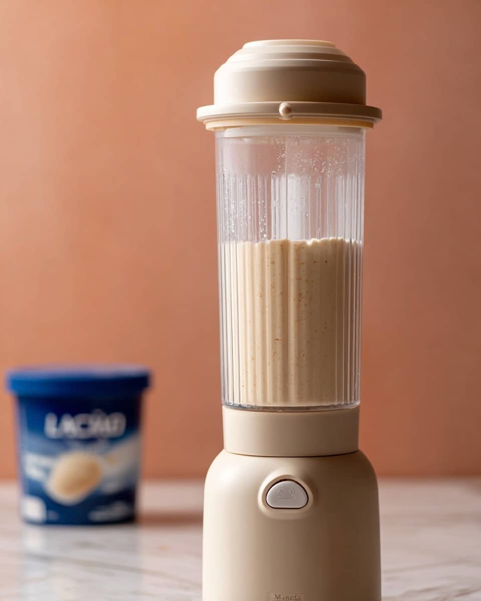 A tall clear glass holds a layered strawberry milkshake with three main layers: at the bottom, a deep red strawberry sauce with a slightly chunky texture; the middle layer shows a creamy white ice cream mixed with swirls of the red sauce; the top layer is light and foamy white whipped cream that spills over the rim with colorful small round sprinkles on top. A yellow and white striped paper straw is placed in the glass, which sits on a wooden table scattered with fresh whole strawberries and green leaves. A soft beige cloth is draped nearby, and the background is a soft pink color with another similar milkshake blurred behind. Photo taken with an iphone --ar 4:5 --v 7