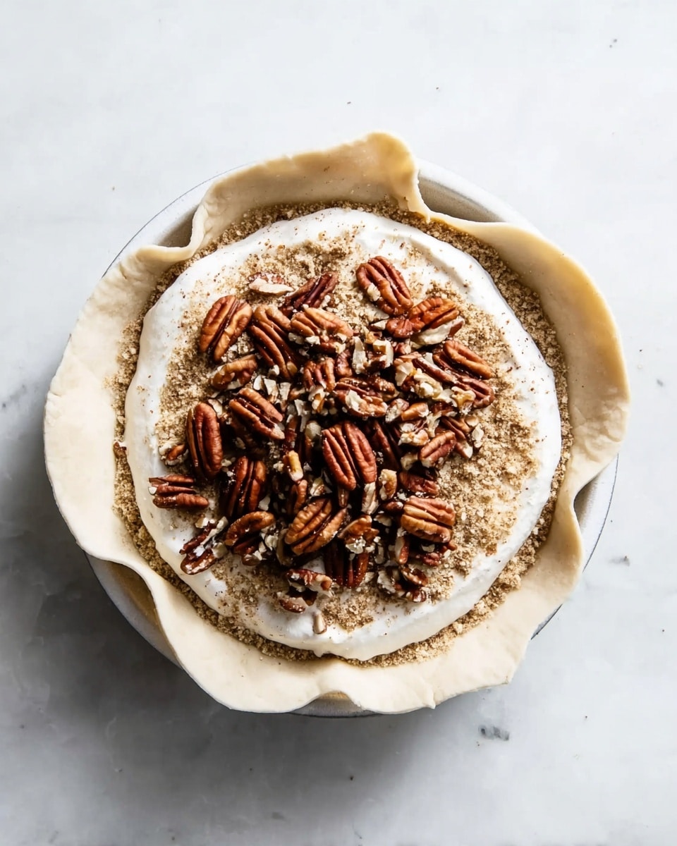 The image shows a round golden-brown baked pastry with a shiny, slightly puffy crust on top, placed in a metal pan. One side of the pastry is opened, revealing a creamy white melted cheese filling mixed with pieces of brown pecans inside. Next to the pastry inside the pan are a few slices of dark multi-grain bread with seeds and nuts visible. A silver spoon rests on the edge of the pan near the open side of the pastry. The pan sits on a white marbled background. photo taken with an iphone --ar 4:5 --v 7
