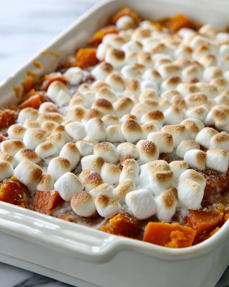A serving of baked orange sweet potato chunks is arranged on a white plate, topped with a layer of soft, melted white marshmallows that are slightly browned on top, creating a toasted texture. The sweet potatoes are glossy and coated in a thin, golden syrup that pools gently around the pieces on the plate. In the background, a white baking dish filled with the same dish sits on a white marbled surface, with several scattered mini white marshmallows around it. A silver fork rests on the right side of the plate. photo taken with an iphone --ar 4:5 --v 7
