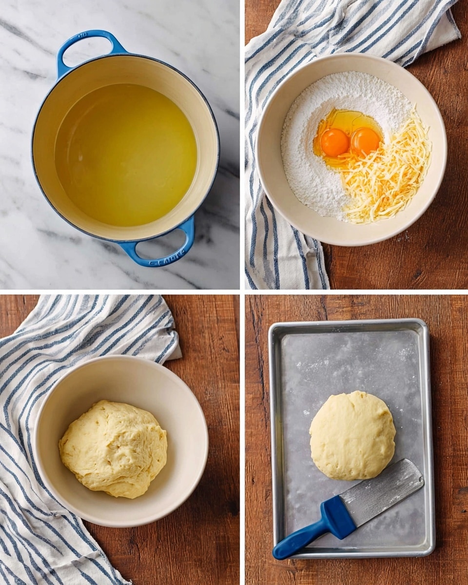 The image shows four panels of a dough-making process on a white marbled surface with a striped cloth nearby. The top left panel displays a blue pot filled with light yellow oil, shining smoothly. The top right panel reveals a white bowl with flour, two orange yolk eggs, shredded cheese, and milky liquid all layered together unevenly. The bottom left panel has the same white bowl now holding a rough, pale yellow dough ball. The bottom right panel shows the dough shaped into a smooth, round ball placed on a metal tray next to a blue-handled scraper. photo taken with an iphone --ar 4:5 --v 7