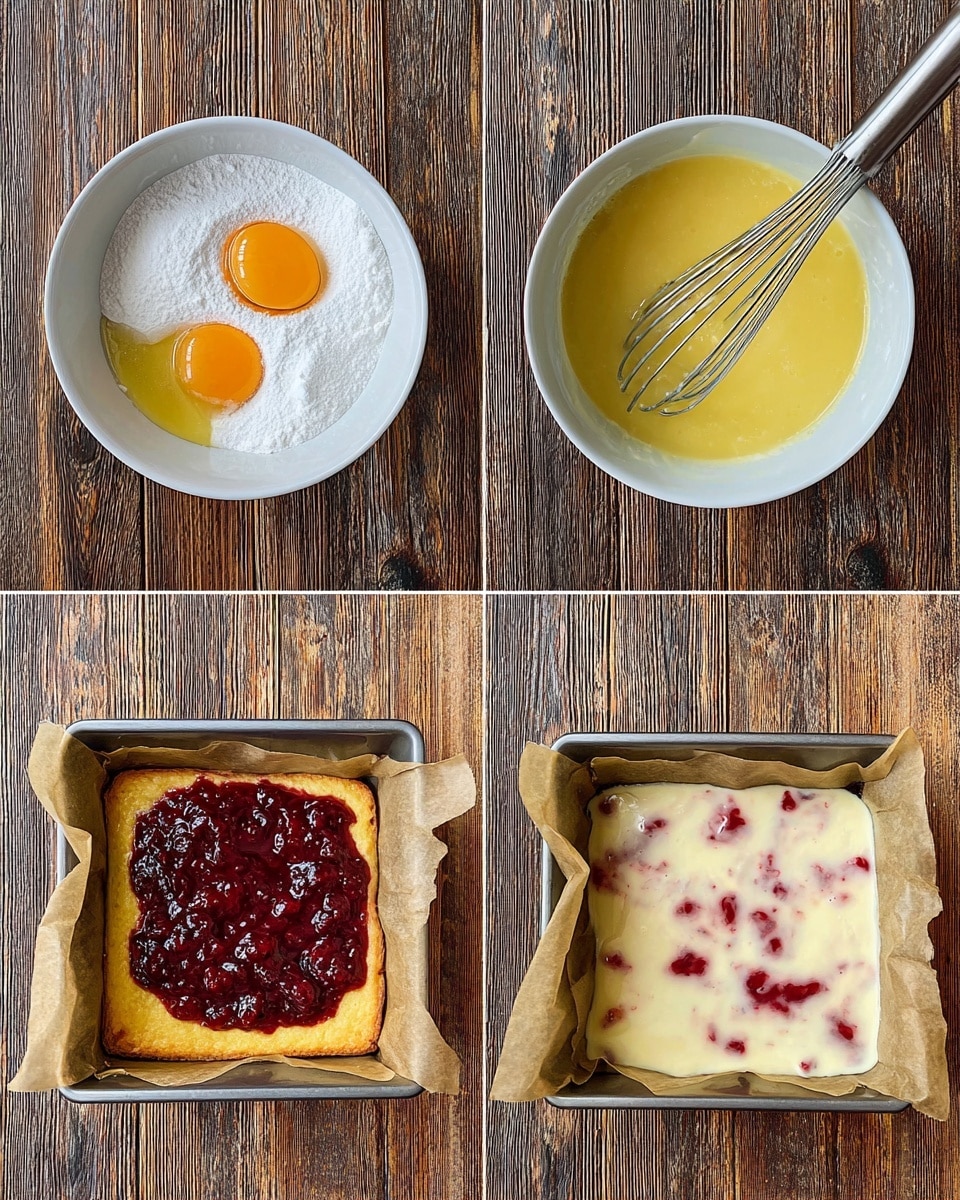 The image shows a stack of three square lemon and cranberry bars placed on a piece of parchment paper on a wooden surface with powdered sugar dusted all over. Each bar has three clear layers: a pale yellow top layer, a dark red middle layer of cranberry filling, and a light beige bottom layer of crust. The top layer looks smooth and slightly glossy, while the crust looks firm and crumbly. In the foreground, a few whole fresh cranberries are scattered, and in the background, more bars and half a lemon are slightly out of focus. The surface is changed to a white marbled texture. photo taken with an iphone --ar 4:5 --v 7