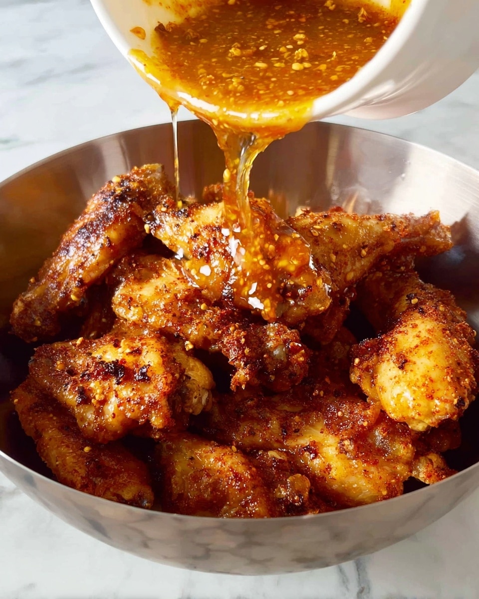 A white plate holds a stack of about eight to ten golden-brown chicken wings with a crispy texture and a shiny glaze, showing darker spots of seasoning and slight charring. Small green cilantro leaves are scattered on top and around the plate, adding a fresh touch. The plate sits on a white marbled surface, with a striped beige and white cloth draped casually behind it. To the upper right, there is a small white bowl with honey and a wooden honey dipper resting inside. photo taken with an iphone --ar 4:5 --v 7