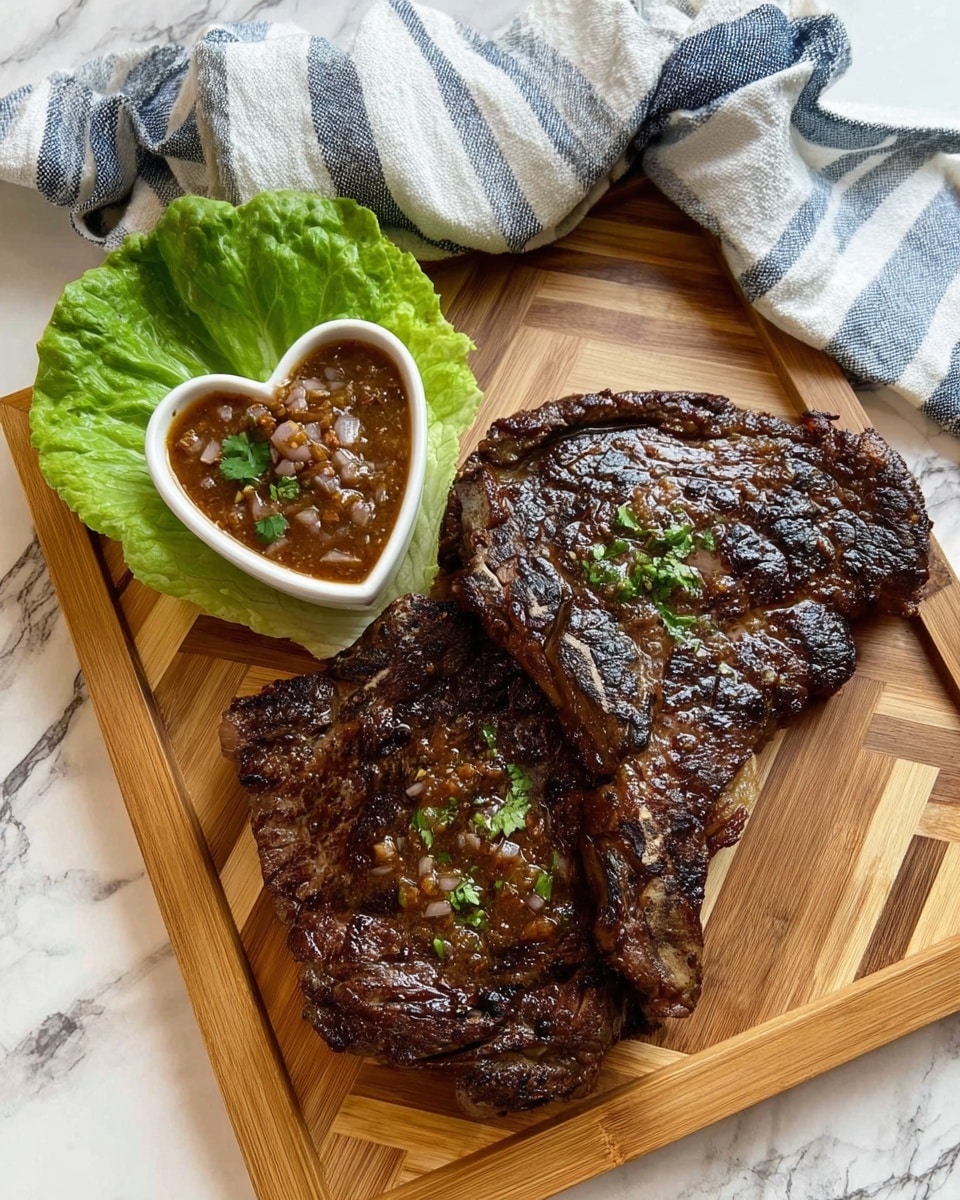 The image shows a white round plate with grilled steak slices arranged in layers, some pieces showing a pinkish interior and others with a rich dark brown charred surface. On one side of the plate, there is a small white square dish filled with a chunky red-brown sauce mixed with green herbs, resting on a bed of fresh green lettuce leaves. A pair of wooden chopsticks held by a woman's hand is dipping one piece of steak coated in the sauce above the dish. The overall scene is set on a white marbled surface with a soft fabric visible in the background photo taken with an iphone --ar 4:5 --v 7