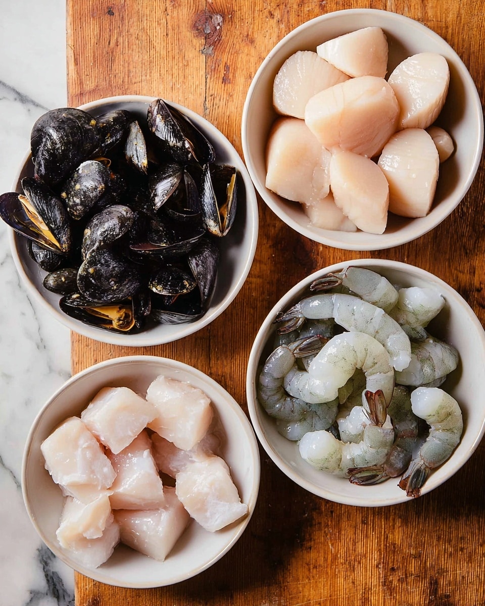 The image shows a white bowl filled with a creamy seafood soup placed on a white marbled surface with scattered bread pieces around it. The soup has three dark mussels with a shiny black shell, several light pink cooked shrimp, and smooth, pale scallops. Floating in the soup are golden toasted bread cubes and green herbs, giving a fresh touch. A silver spoon rests inside the bowl, holding a piece of white fish. There are small drops of olive oil on the soup’s surface that add a bright yellow color. The scene looks warm and inviting with the rustic background and the textures of soft seafood, crunchy bread, and smooth broth. Photo taken with an iphone --ar 4:5 --v 7