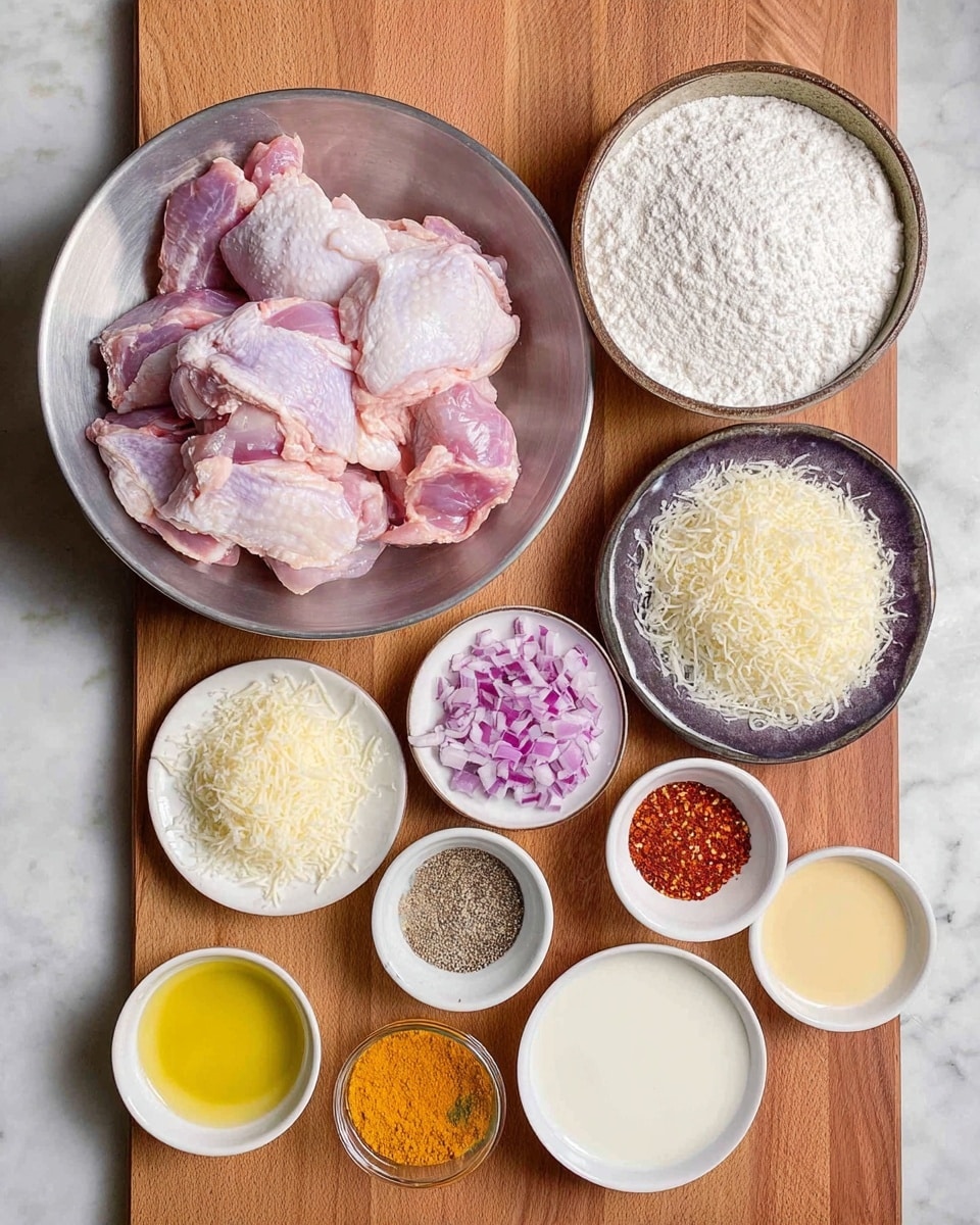 The image shows three pieces of fried chicken partially covered in a thick yellow sauce with visible small spices and herbs. The chicken pieces have a crispy texture with a light brown color, sitting in a shallow, light yellow sauce with some small red and green specks dispersed throughout. The dish is in a black pan, placed on a white marbled surface. The lighting highlights the creamy texture of the sauce and the crunchy surface of the chicken. photo taken with an iphone --ar 4:5 --v 7