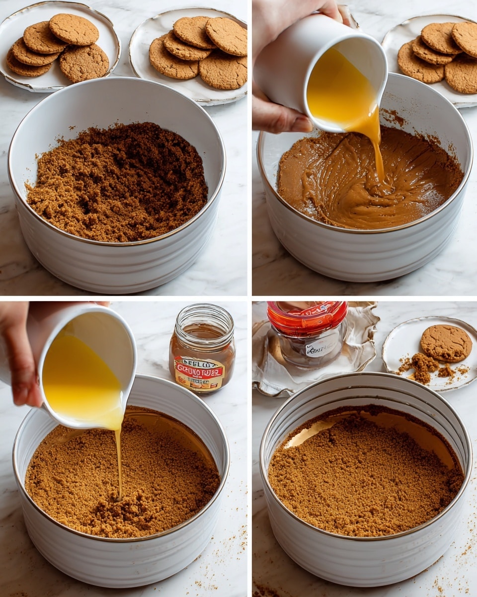 The image shows a sequence of four steps making a cookie crust. In the first step, a white mixing bowl holds crushed brown cookies on a white marbled surface, with whole cookies on a white plate and a jar of Biscoff spread in the background. Next, golden melted butter is poured from a white cup into the brown cookie crumbs in the bowl. The third step shows the crumb and butter mixture being stirred to a damp, crumbly texture inside the same white bowl. Finally, a woman's hand presses the crumb mixture evenly along the sides and bottom of a round white springform pan using a gold measuring cup, with more cookies and Biscoff spread visible in the background. The surface beneath all the kitchen items is white marble. Photo taken with an iphone --ar 4:5 --v 7