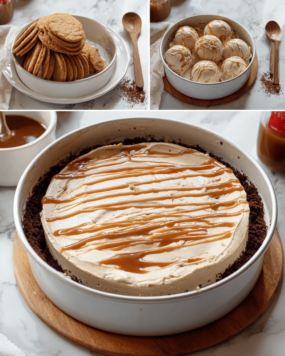 A round dessert with four visible layers inside a white springform pan sitting on a white marbled surface. The first layer is a dark brown crumbly crust, going around the edges and base. The second layer shows two large scoops of light brown, fluffy cream placed in the middle. The third layer has the cream spread flat and smooth inside the crust while a caramel sauce is poured in thin lines on top, followed by that caramel spread evenly across the cream for the fourth layer, creating a shiny and smooth surface. In the background, there is a white plate with stacked golden brown cookies placed on a round wooden board with a wooden spoon and other objects. Photo taken with an iphone --ar 4:5 --v 7