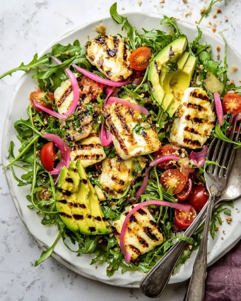Grilled Halloumi Salad with Creamy Basil Dressing Recipe